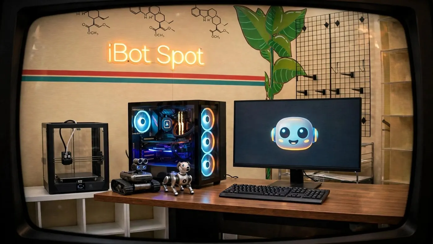 A desk with a glowing PC tower and a monitor showing a friendly robot face.
