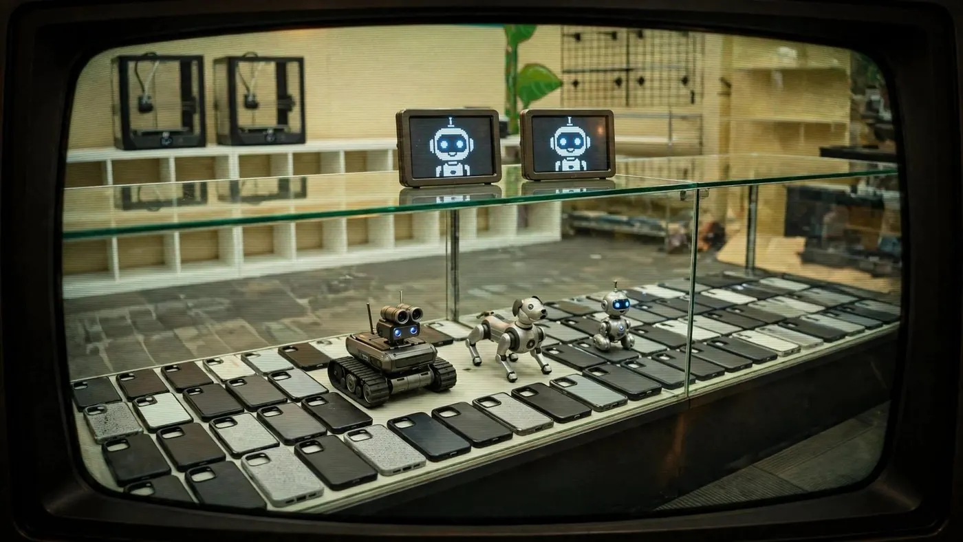 A glass display case of phone cases and accessories with mini robots standing on top.