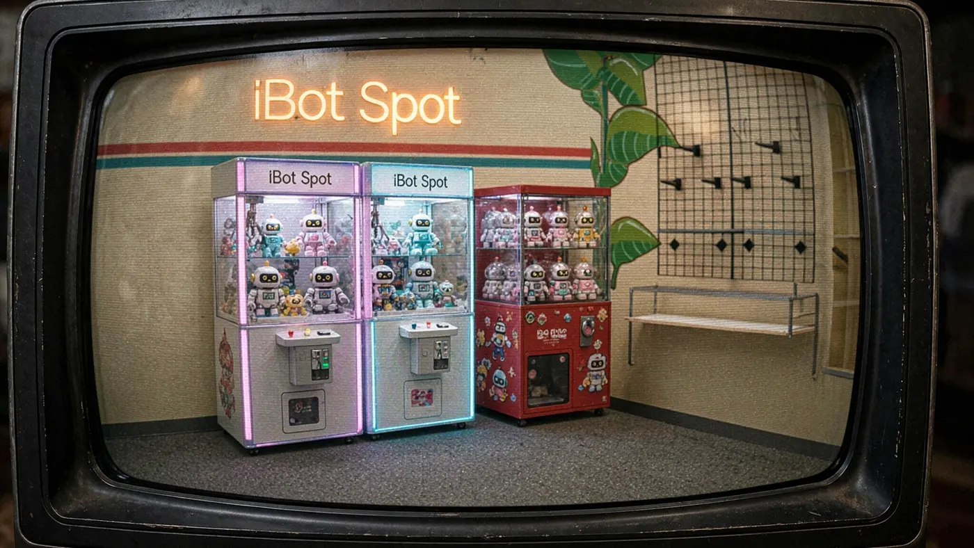 Concept frame: two lit claw machines full of plush robots next to a red capsule toy machine.