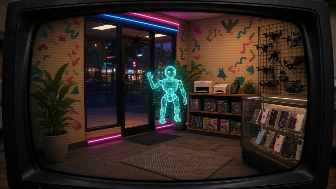 A cyan hologram robot waving beside the glass front door.