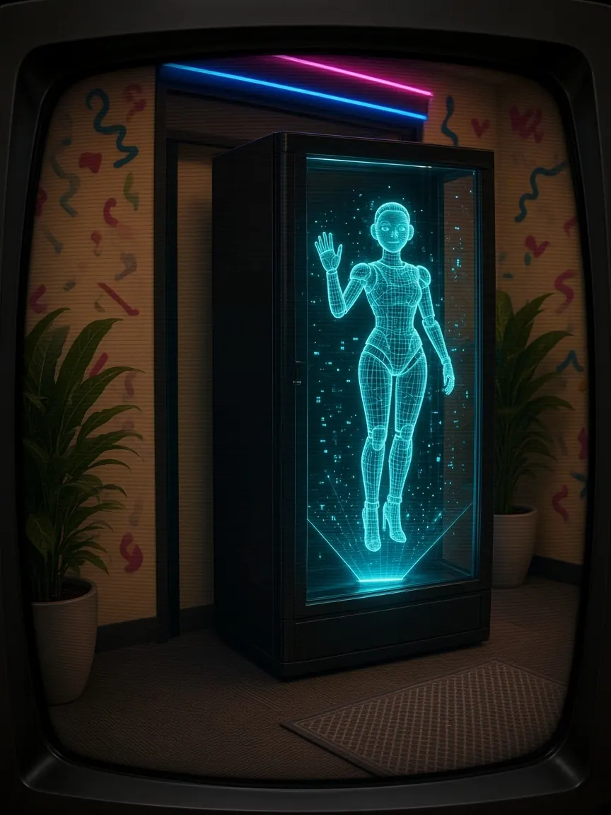 A cyan wireframe hologram woman waving inside a glass cabinet by the door.