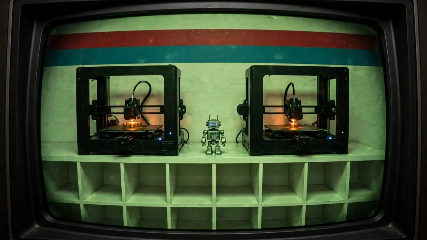 Two 3D printers on white cube shelves along the back wall, seen on a CRT TV.