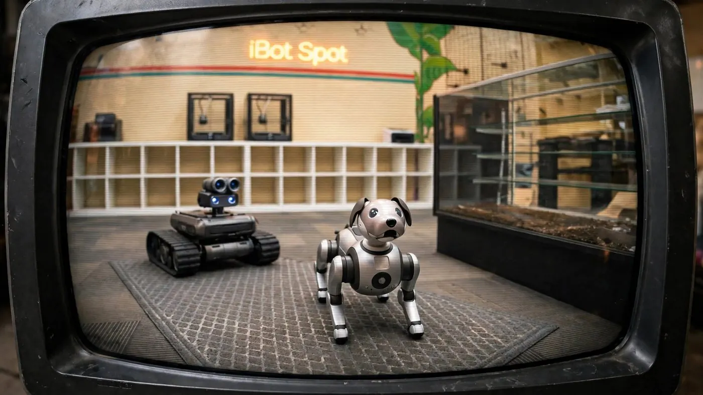 The tank bot and the robot dog on the diamond-pattern demo mat, seen on a CRT TV.