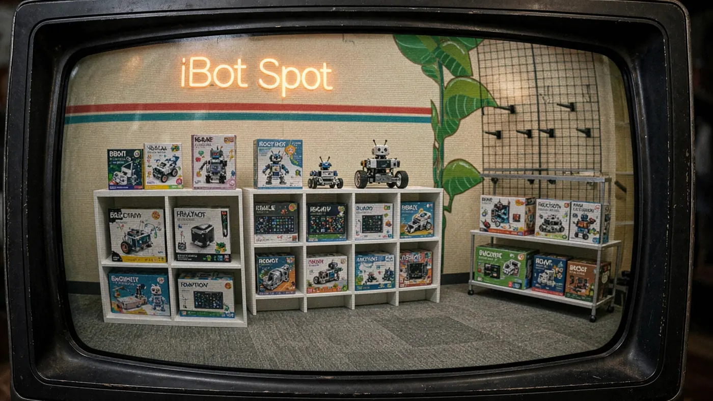 Concept frame: white cube shelves of boxed robot, coding and science kits, with small wheeled robots on top.