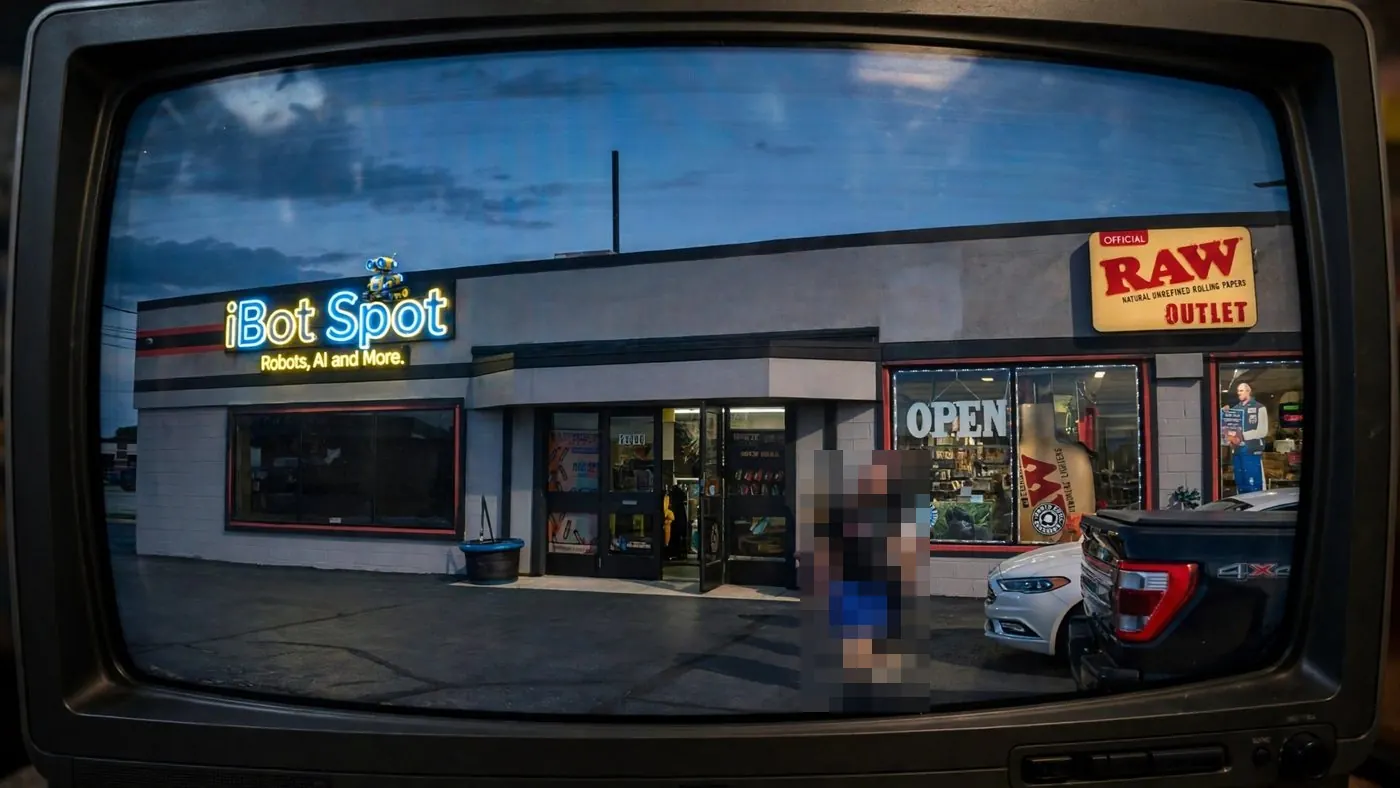 The iBot Spot storefront at dusk, its sign lit, with the RAW Outlet next door.