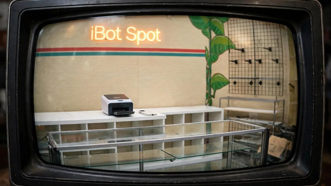 The UV phone-case printer on the counter under the orange iBot Spot neon sign.